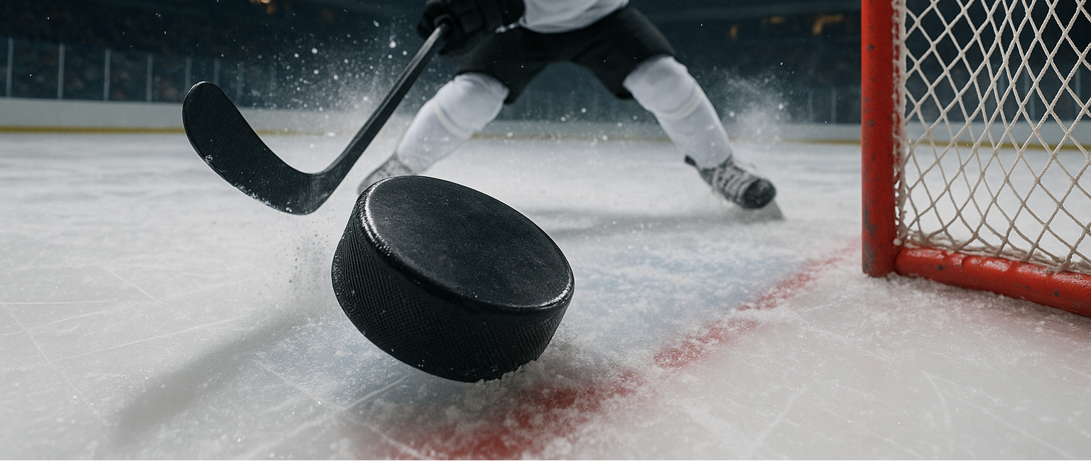 side goal view of a hockey player hitting a puck close to the camera (the goal). Also, the floor is snow